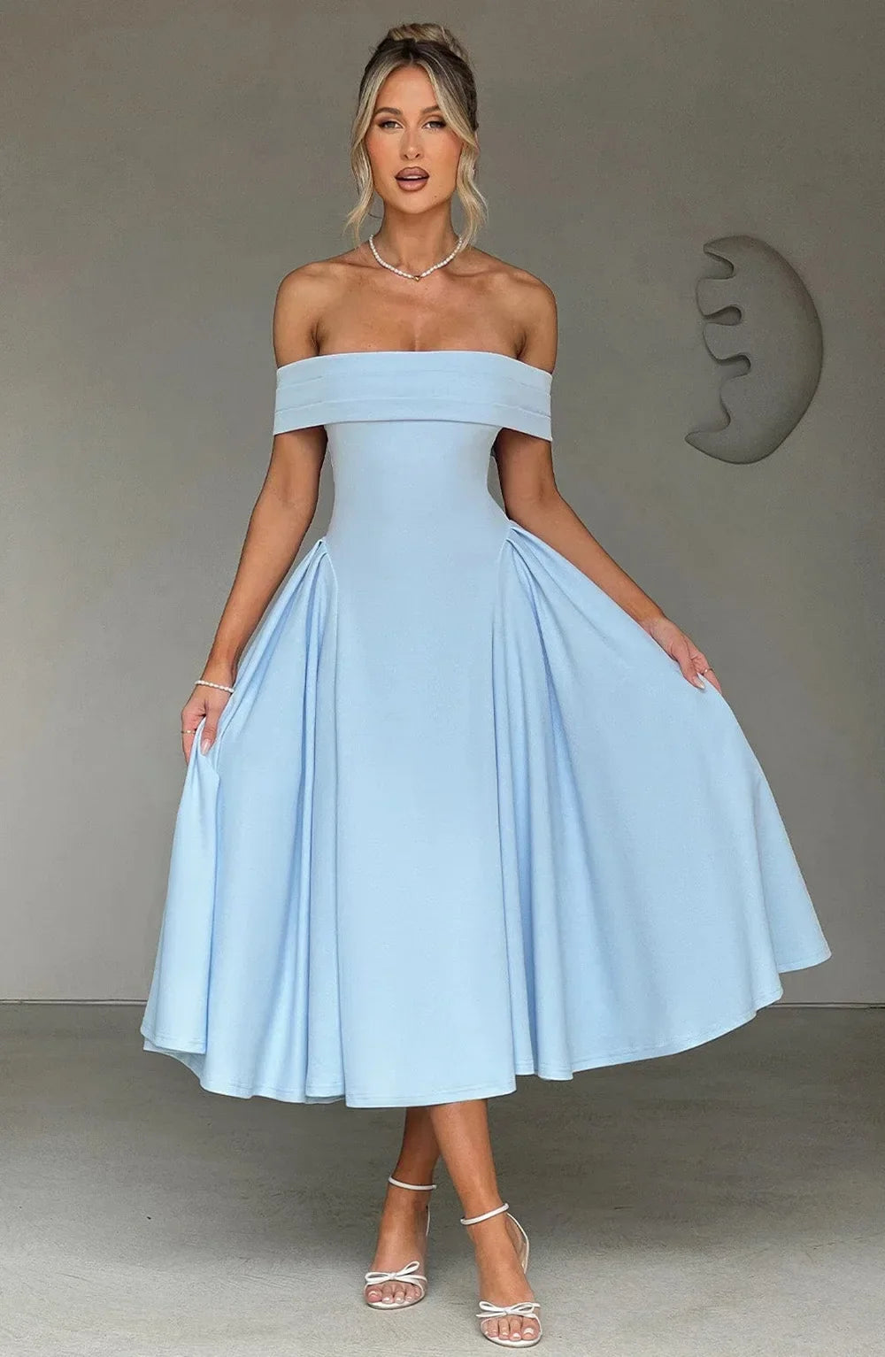 Robe de cocktail midi femme, col bardot et jupe évasée