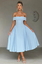 Robe de cocktail midi femme, col bardot et jupe évasée