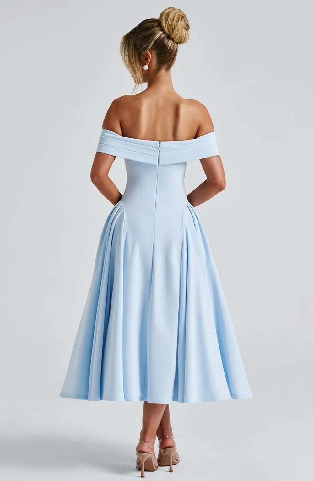 Robe de cocktail midi femme, col bardot et jupe évasée