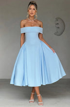 Robe de cocktail midi femme, col bardot et jupe évasée, bleu