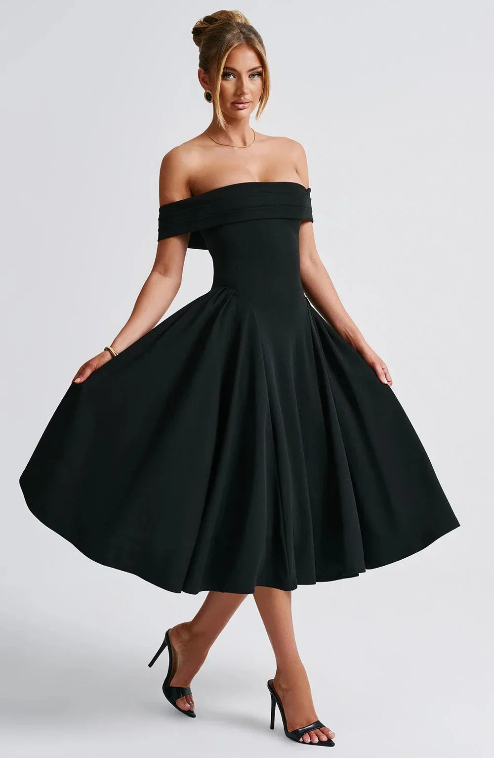 Robe de cocktail midi femme, col bardot et jupe évasée