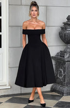 Robe de cocktail midi femme, col bardot et jupe évasée