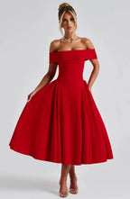 Robe de cocktail midi femme, col bardot et jupe évasée, rouge