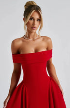 Robe de cocktail midi femme, col bardot et jupe évasée