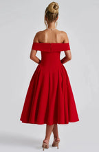 Robe de cocktail midi femme, col bardot et jupe évasée