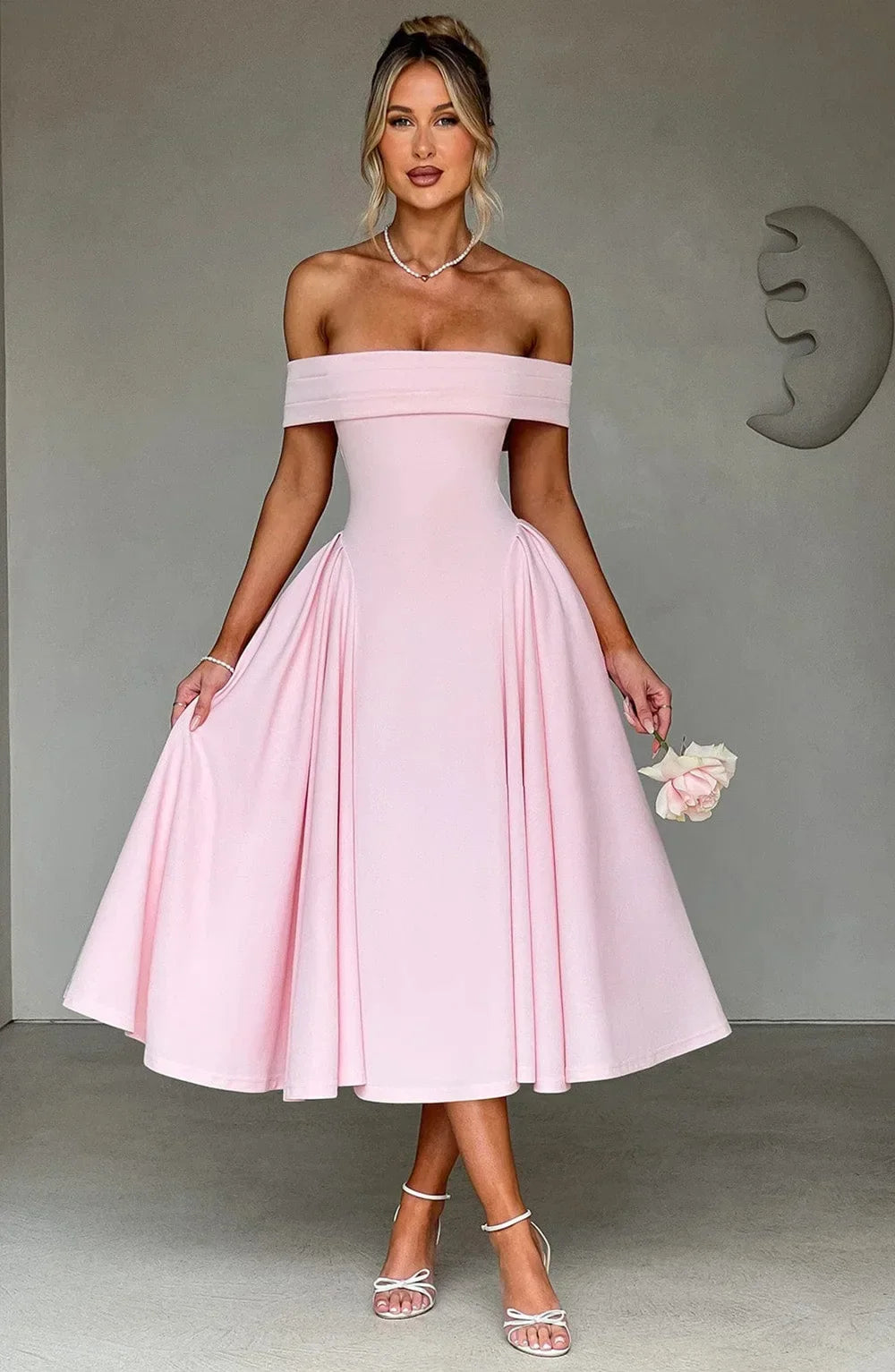 Robe de cocktail midi femme, col bardot et jupe évasée, rose