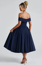 Robe de cocktail midi femme, col bardot et jupe évasée