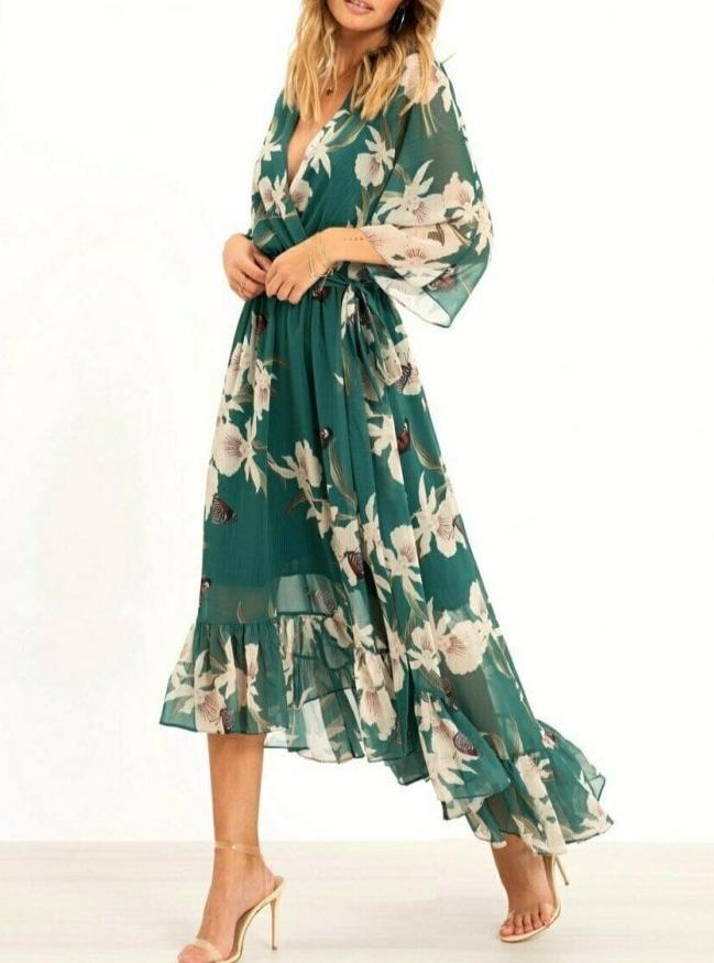 Robe cocktail verte à volants et ceinture, du S au 2XL