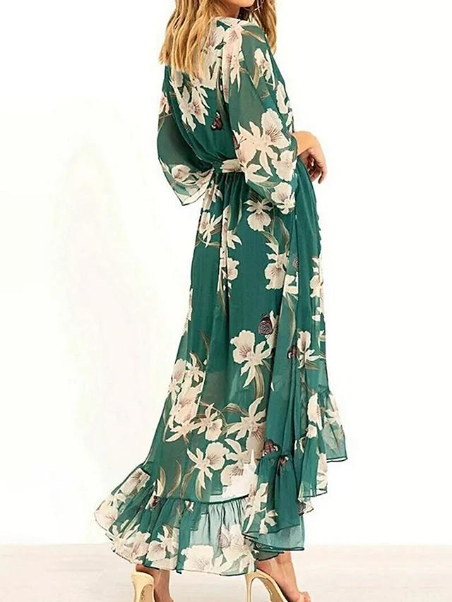 Robe cocktail verte à volants et ceinture, du S au 2XL