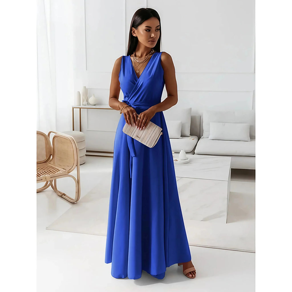 Robe col V femme ajustée à plis, sept coloris, du S au 2XL, bleu