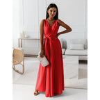 Robe col V femme ajustée à plis, sept coloris, du S au 2XL, rouge