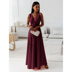 Robe col V femme ajustée à plis, sept coloris, du S au 2XL, rouge vin