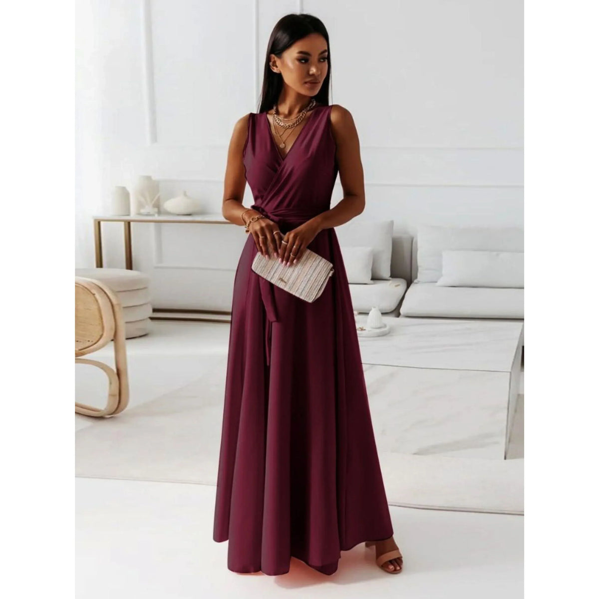 Robe col V femme ajustée à plis, sept coloris, du S au 2XL, rouge vin
