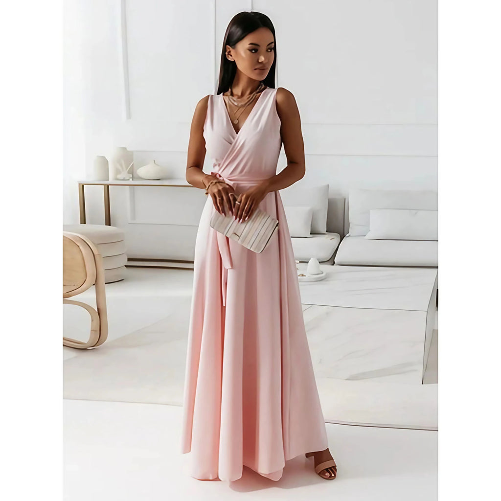 Robe col V femme ajustée à plis, sept coloris, du S au 2XL, rose clair