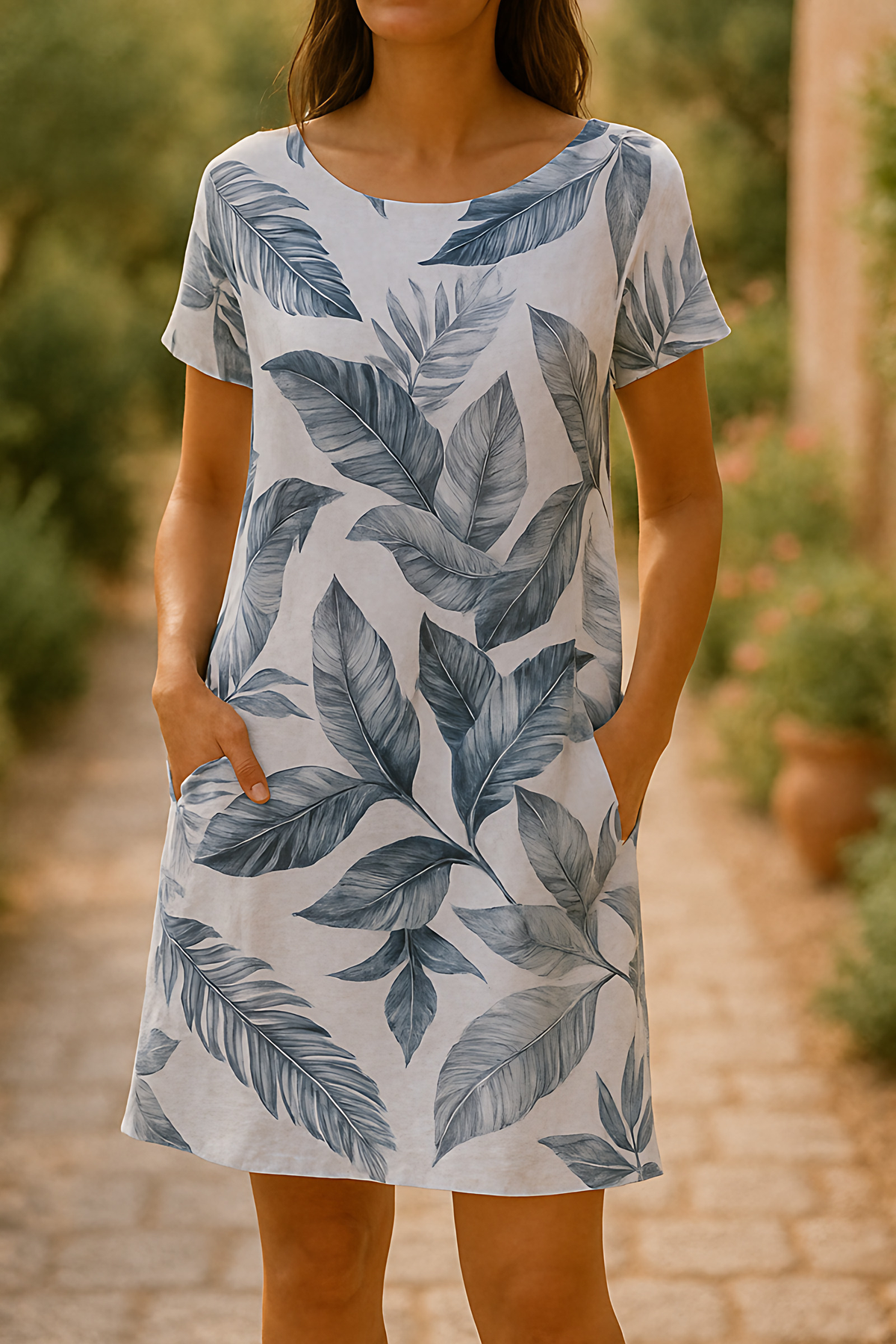 Robe courte femme à manches courtes, coupe droite et fluide, blanc