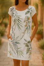 Robe courte femme à manches courtes, coupe droite et fluide, blanc 2