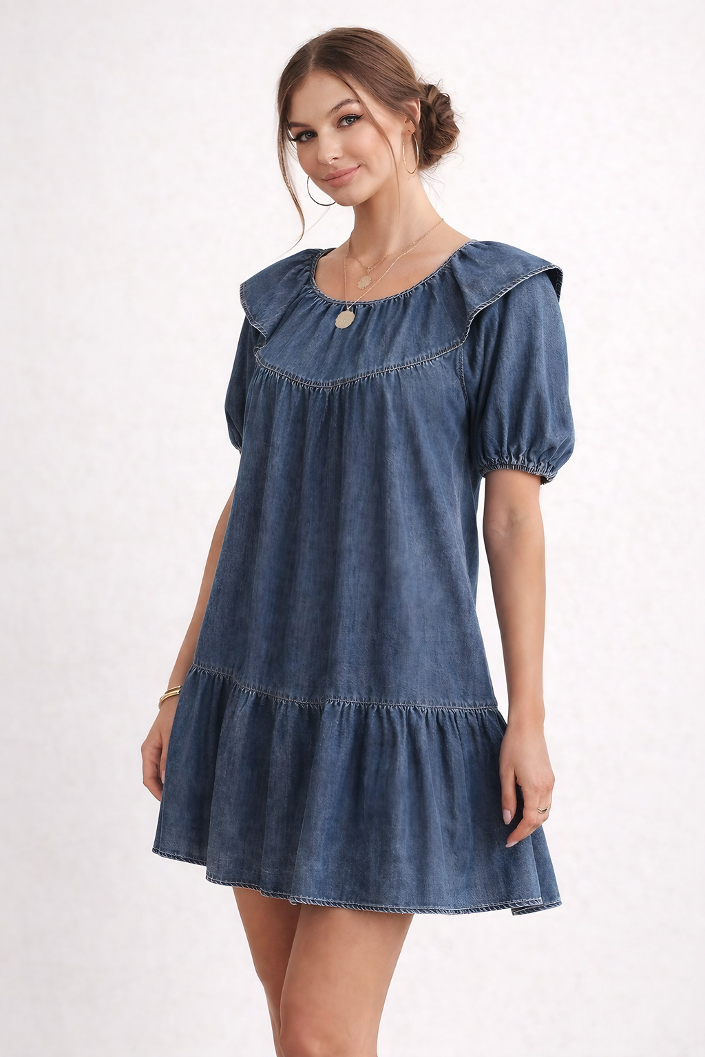 Robe courte en jean femme à manches bouffantes, coupe ample