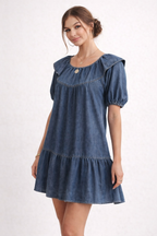 Robe courte en jean femme à manches bouffantes, coupe ample
