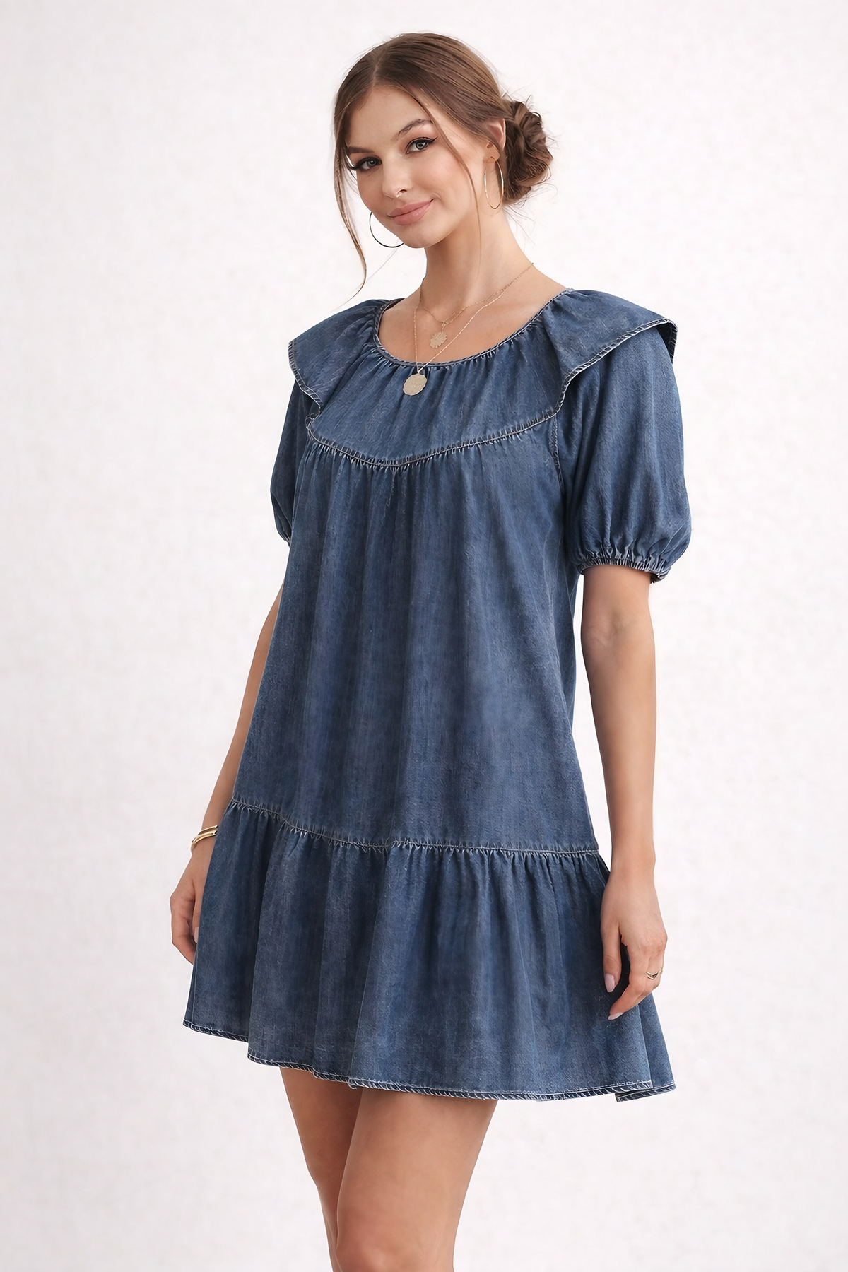 Robe courte en jean femme à manches bouffantes, coupe ample