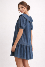 Robe courte en jean femme à manches bouffantes, coupe ample