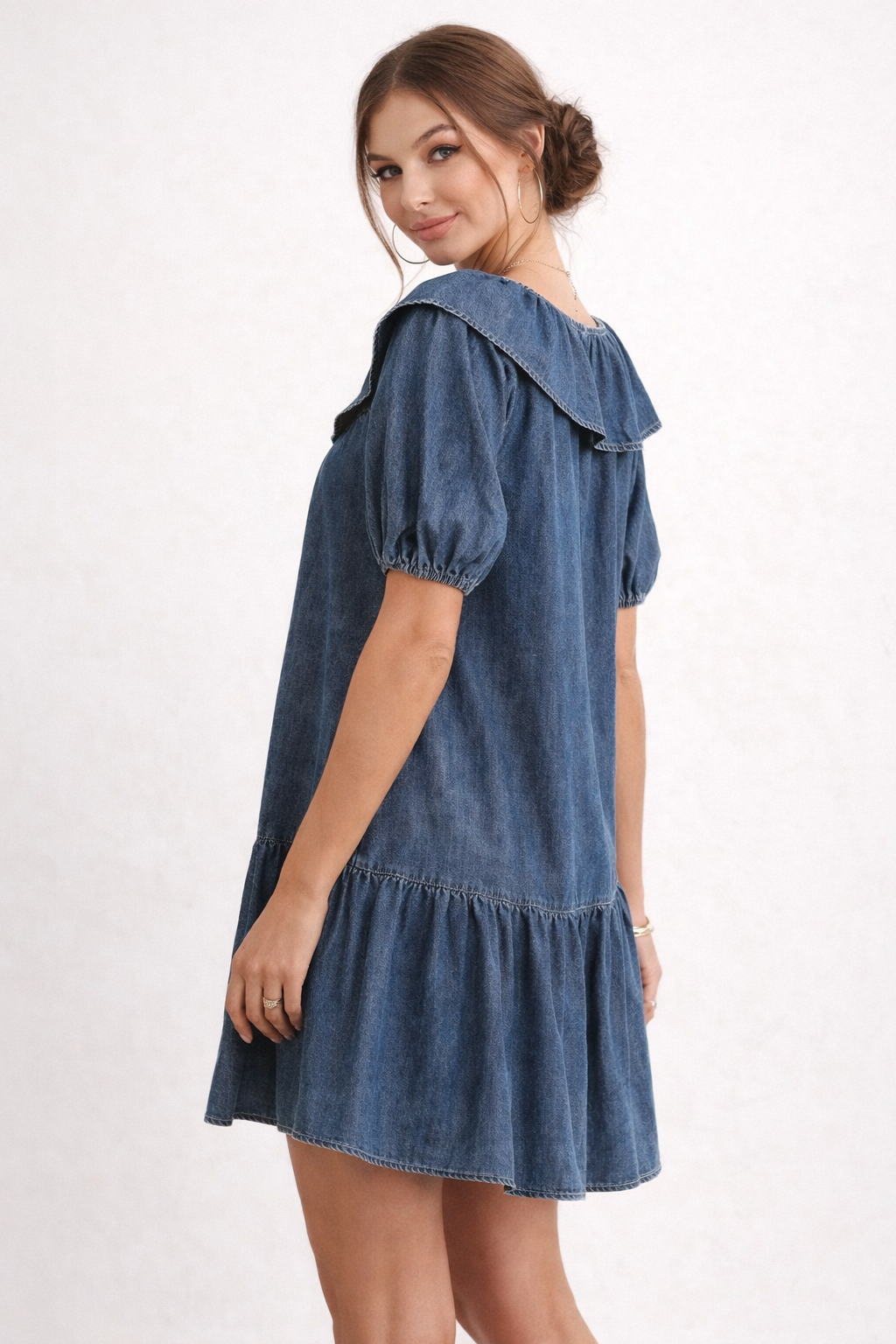 Robe courte en jean femme à manches bouffantes, coupe ample