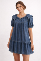 Robe courte en jean femme à manches bouffantes, coupe ample, bleu