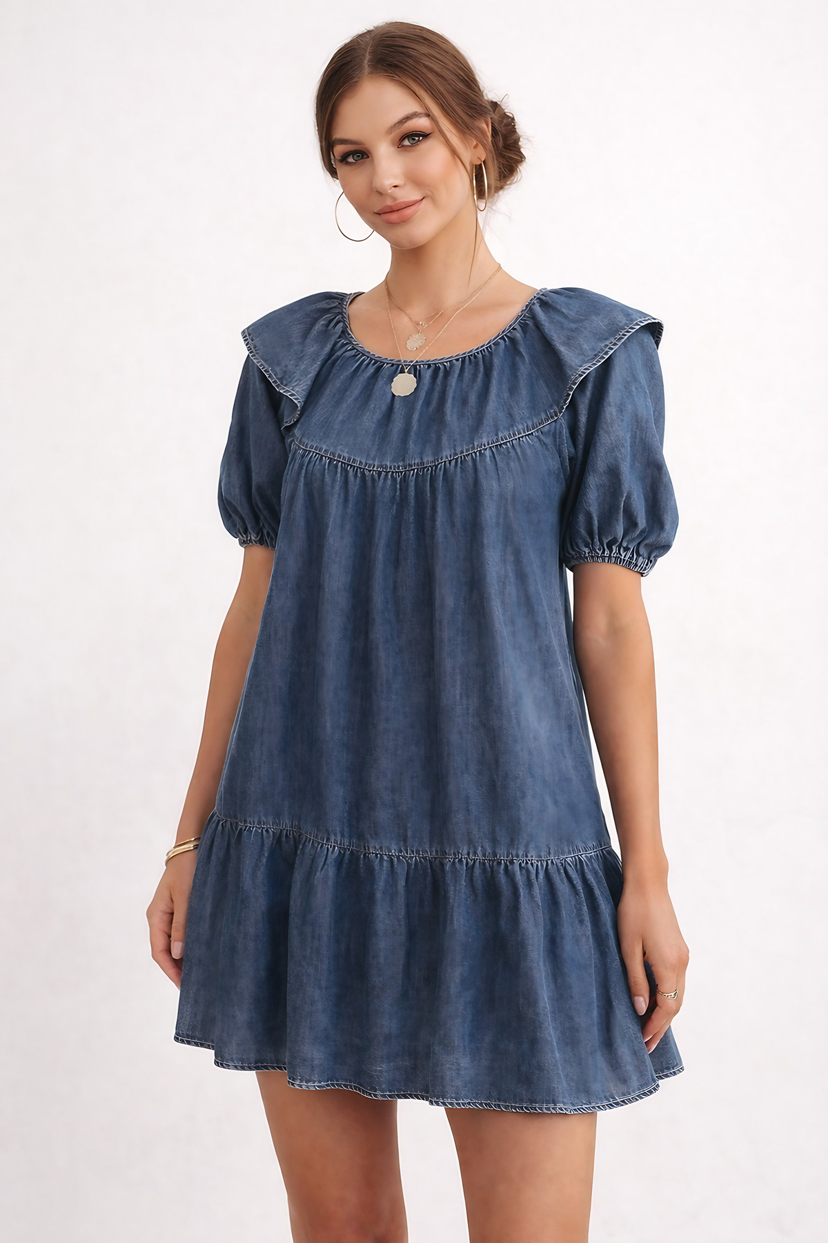 Robe courte en jean femme à manches bouffantes, coupe ample, bleu
