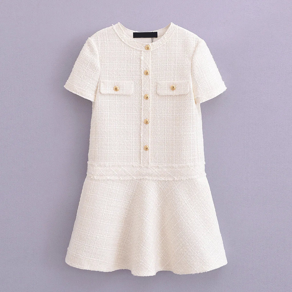 Robe courte blanche texturée à col rond, du XS au L, blanc
