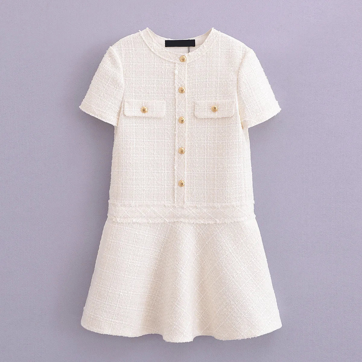Robe courte blanche texturée à col rond, du XS au L, blanc
