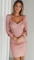 Robe courte femme à manches longues, coupe ajustée, rose