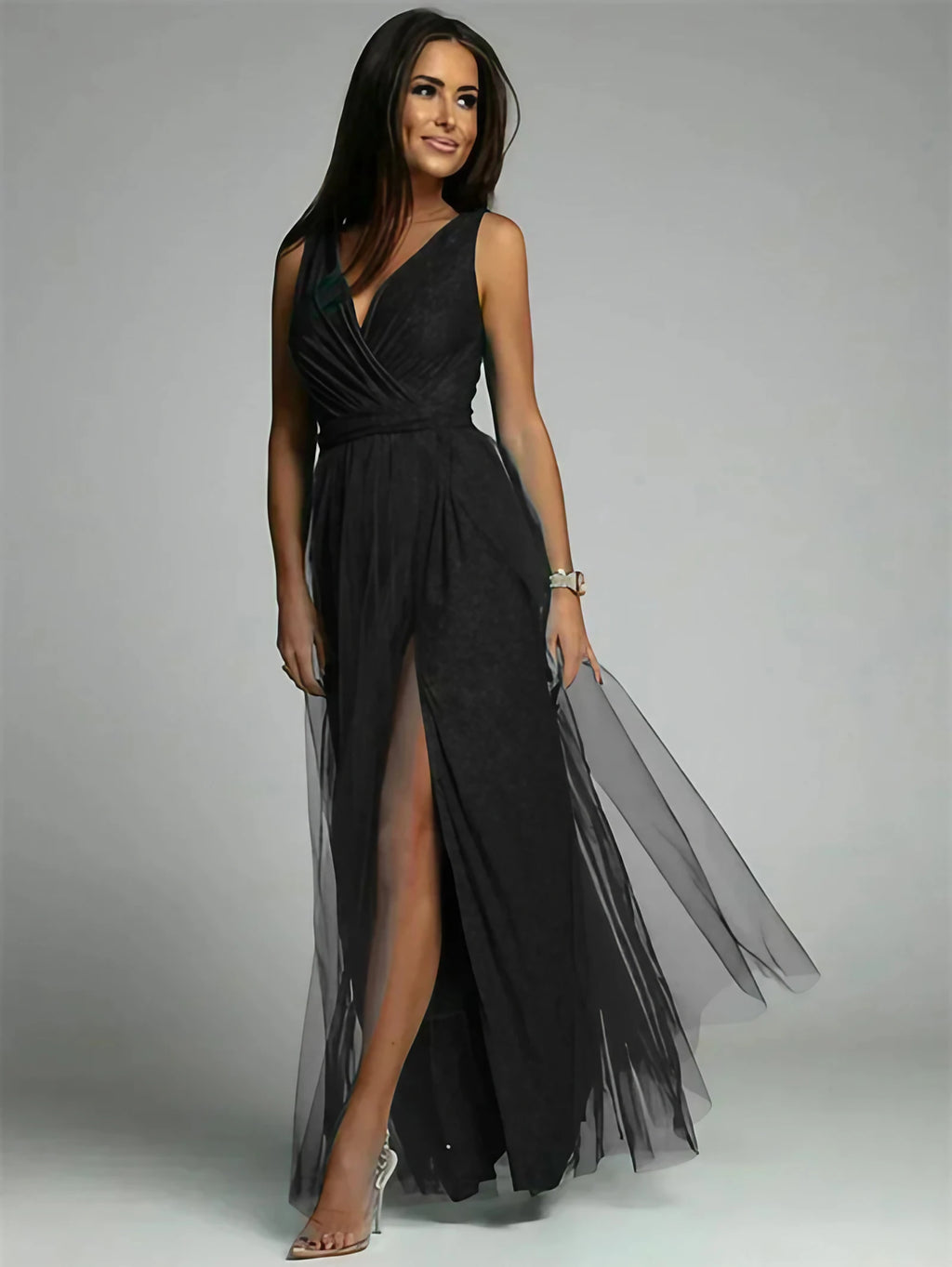 Robe longue croisée col V sans manches, fente à l'ourlet, noir