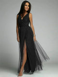 Robe longue croisée col V sans manches, fente à l'ourlet, noir