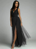Robe longue croisée col V sans manches, fente à l'ourlet, noir