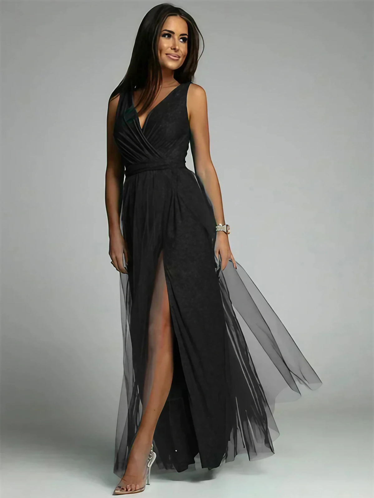 Robe longue croisée col V sans manches, fente à l'ourlet, noir