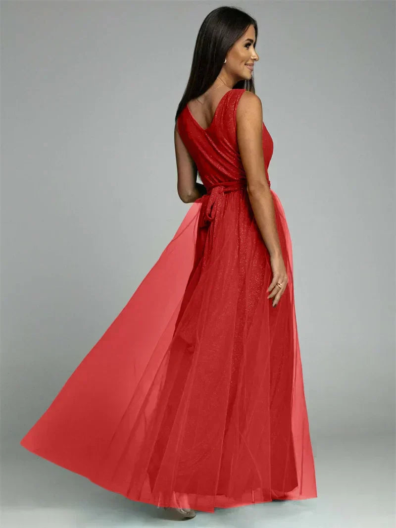 Robe longue croisée col V sans manches, fente à l'ourlet