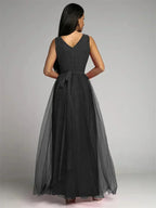 Robe longue croisée col V sans manches, fente à l'ourlet