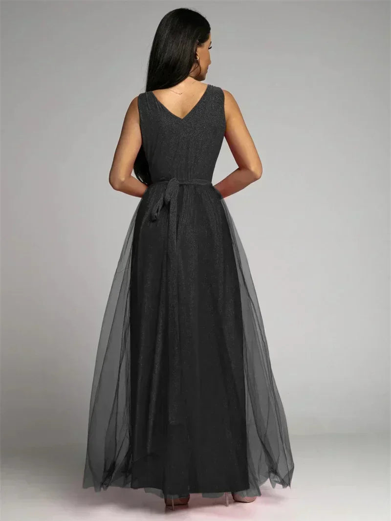 Robe longue croisée col V sans manches, fente à l'ourlet