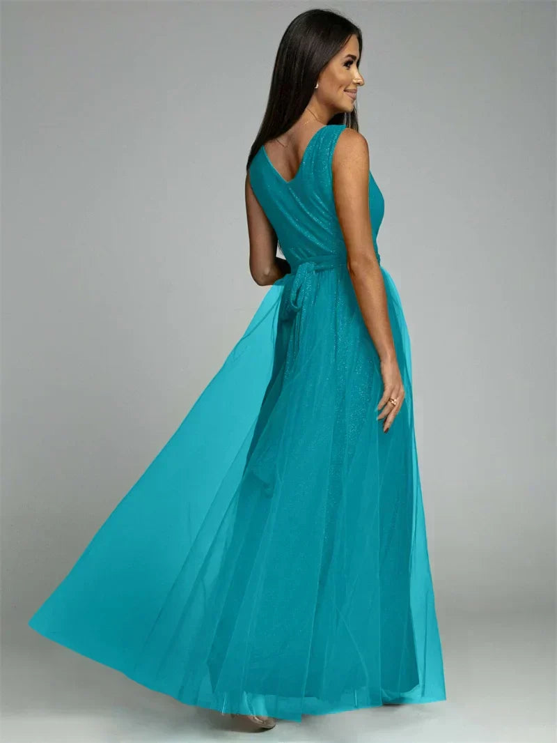 Robe longue croisée col V sans manches, fente à l'ourlet