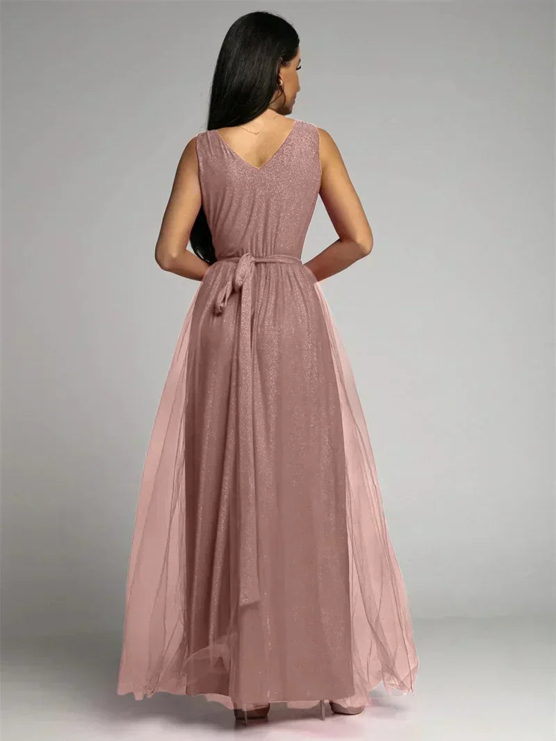 Robe longue croisée col V sans manches, fente à l'ourlet