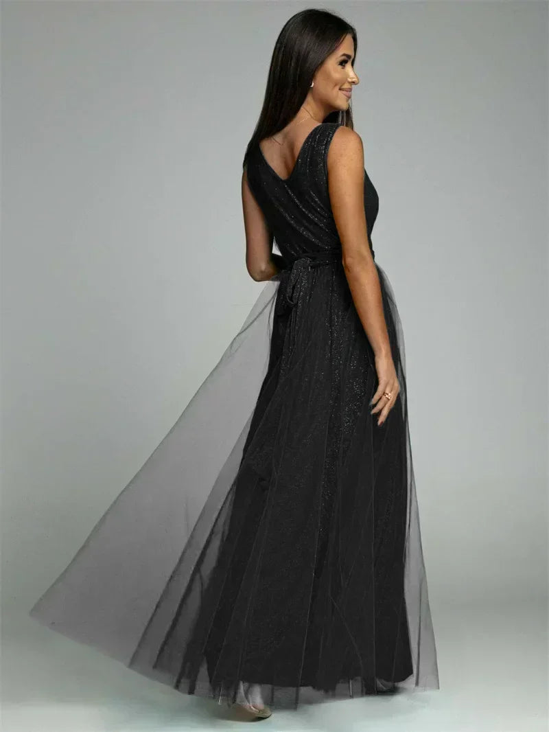 Robe longue croisée col V sans manches, fente à l'ourlet