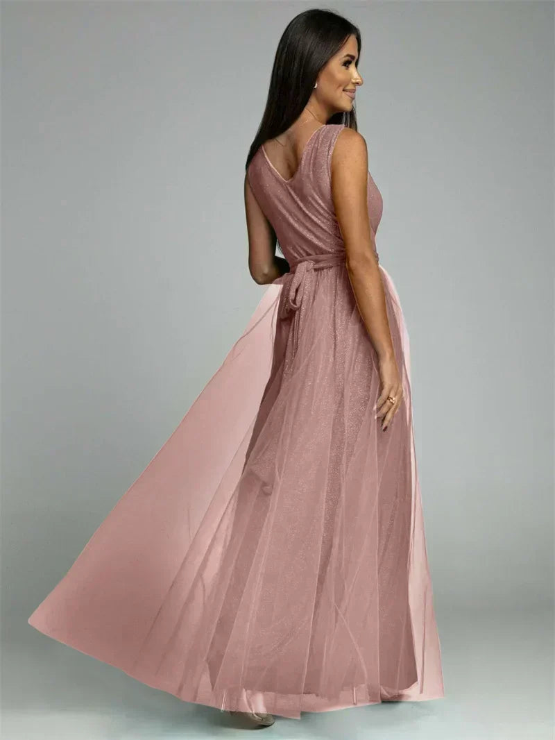 Robe longue croisée col V sans manches, fente à l'ourlet