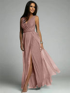 Robe longue croisée col V sans manches, fente à l'ourlet, rose
