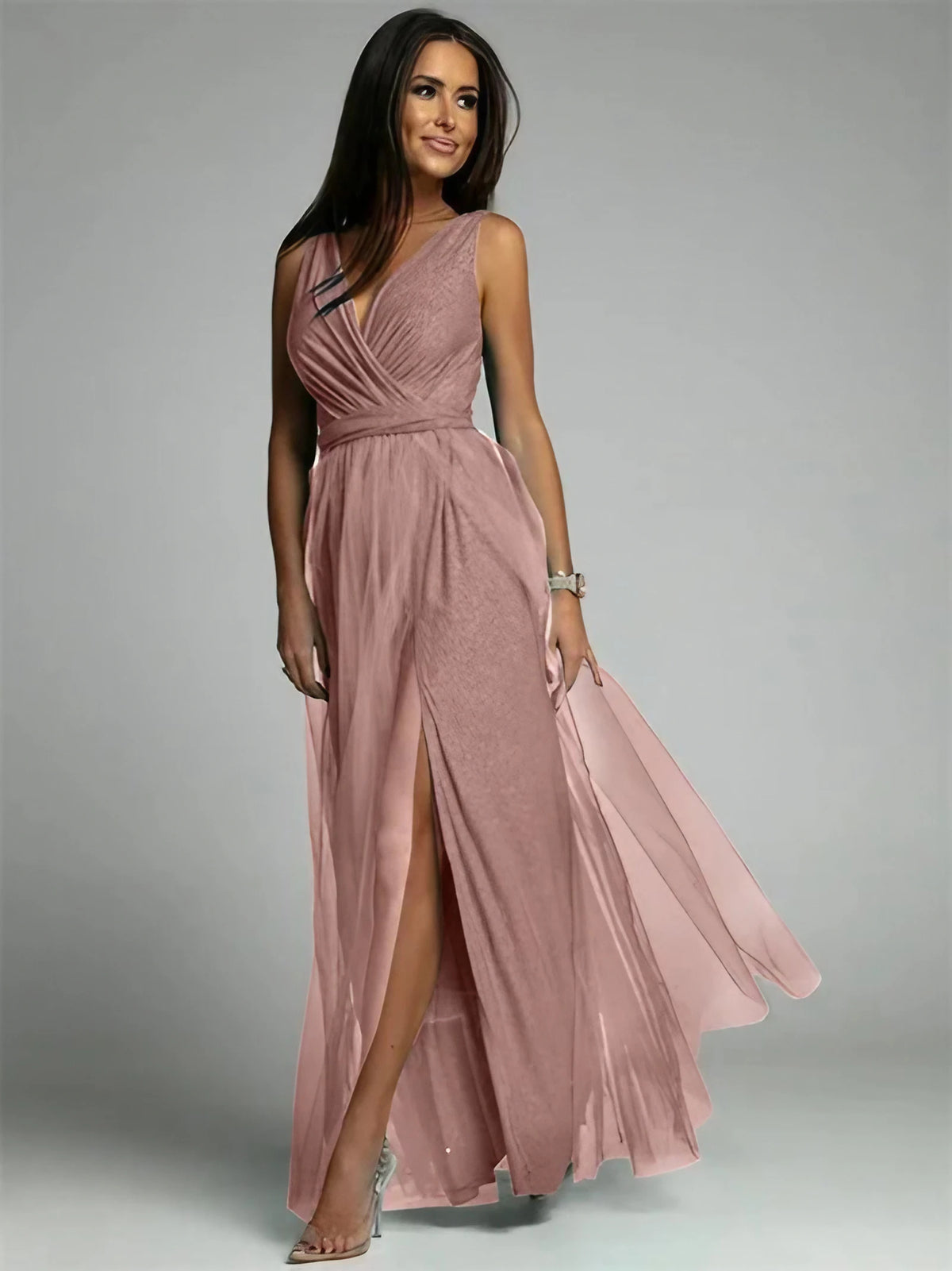 Robe longue croisée col V sans manches, fente à l'ourlet, rose