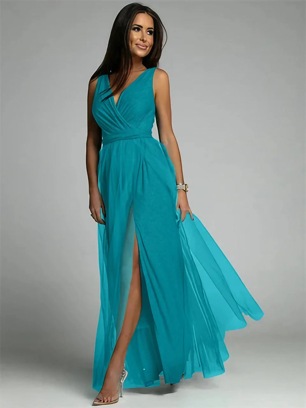 Robe longue croisée col V sans manches, fente à l'ourlet, bleu