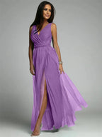 Robe longue croisée col V sans manches, fente à l'ourlet, violet