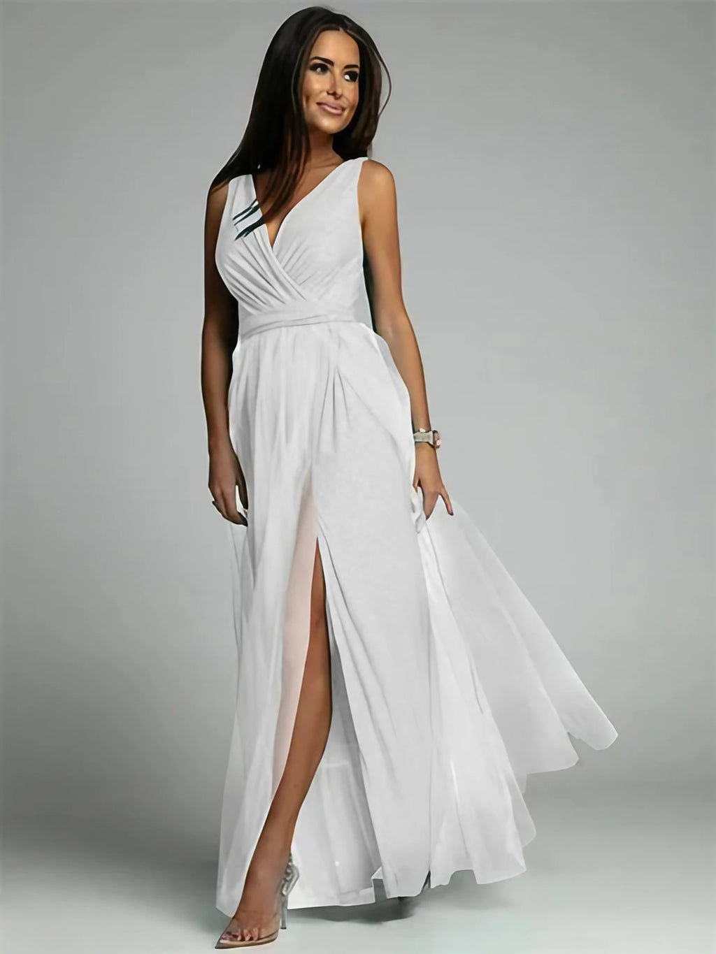 Robe longue croisée col V sans manches, fente à l'ourlet, blanc