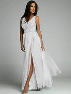 Robe longue croisée col V sans manches, fente à l'ourlet, blanc