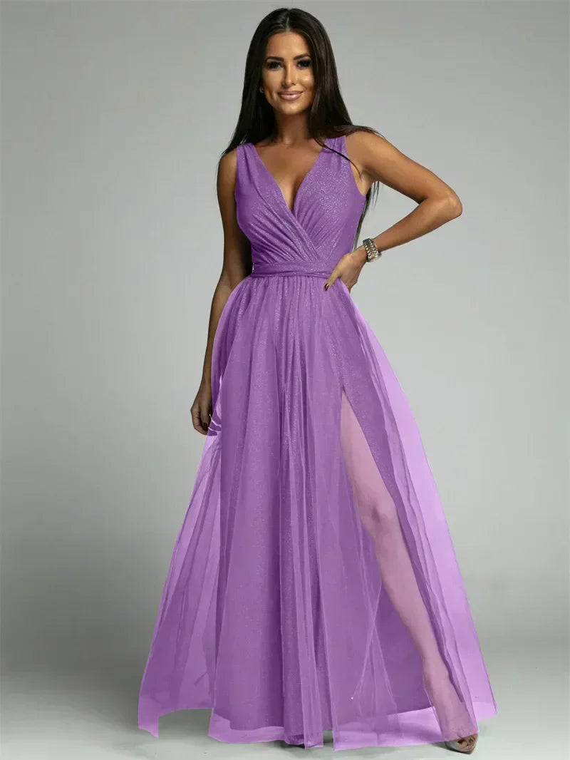 Robe longue croisée col V sans manches, fente à l'ourlet