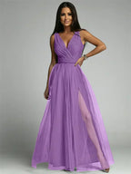 Robe longue croisée col V sans manches, fente à l'ourlet