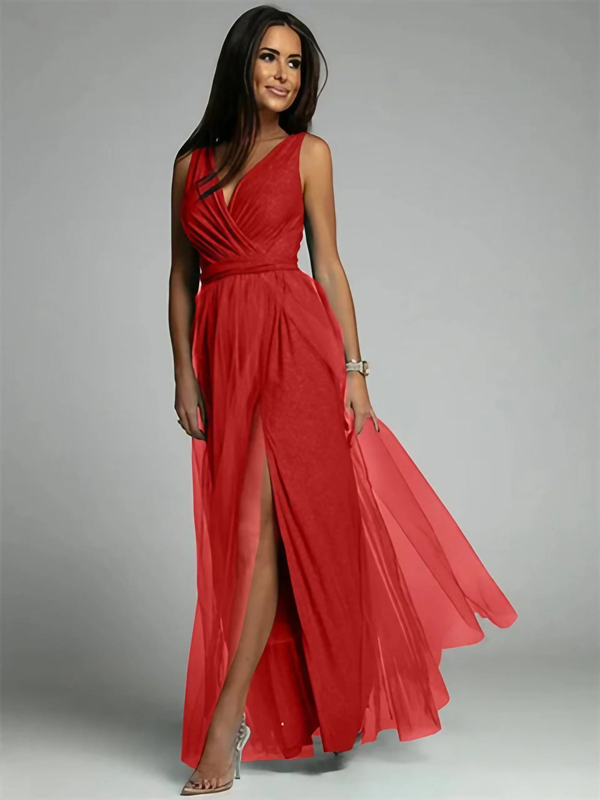 Robe longue croisée col V sans manches, fente à l'ourlet, rouge